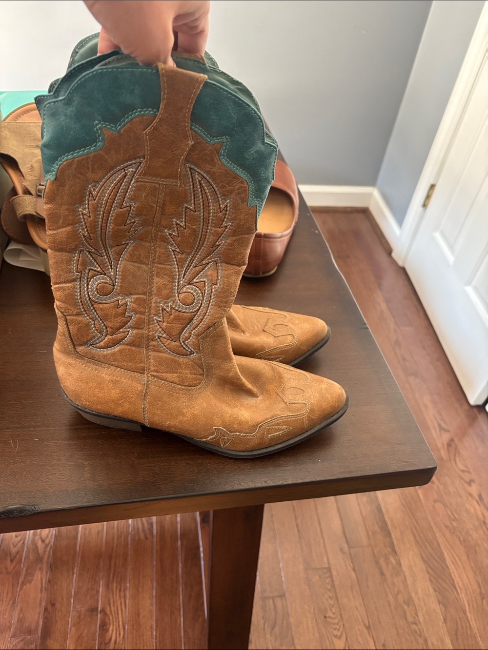 Coconuts brand Tan Suede slip-on Western Boots with Teal accent